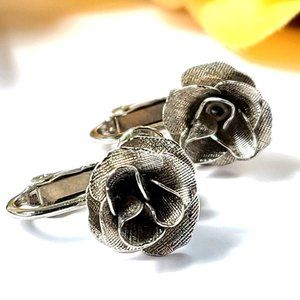 Vintage Rose Clip-On Screw Back Earrings Silver-Tone Patent Number 3,176,475
